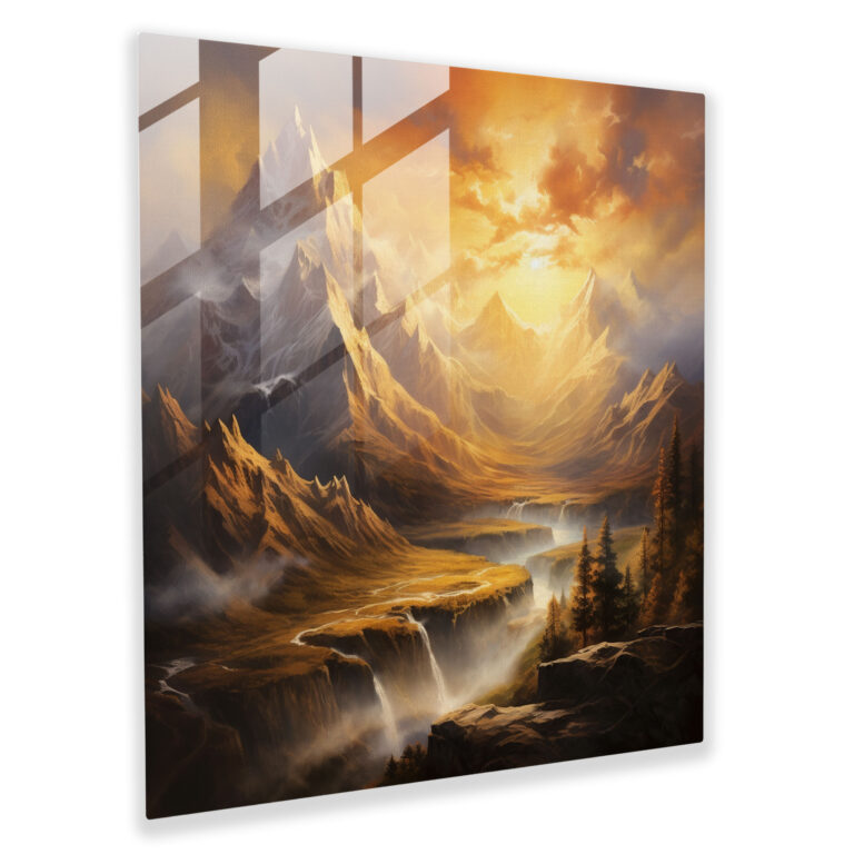 Edles Glasbild: Majestätische Berge im goldenen Sonnenlicht