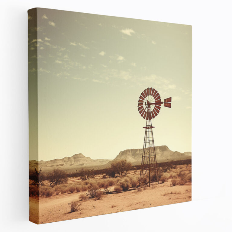 Wüsten Leinwandbild - Vintage Wüsten Windmühle - Wüste Leinwand Wandkunst Hochwertig Fotografie