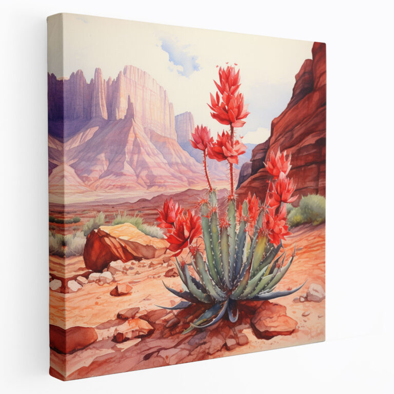 Leinwandbild Wüste - Lebendiges Aquarell-Kaktusblumen-Wandkunstwerk - Wüste Wohnkultur Wanddekoration Rote Felsformationen