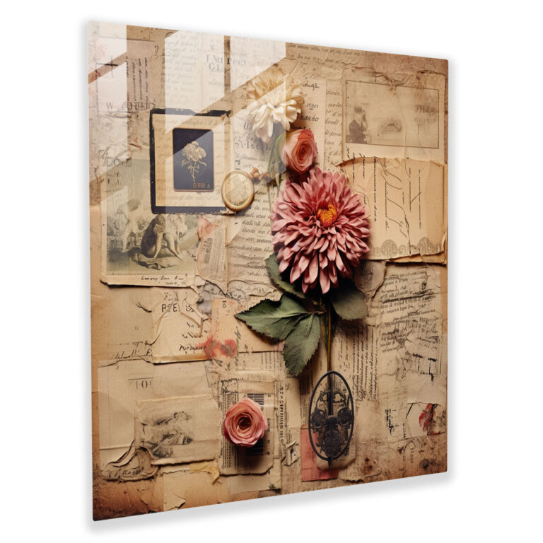 Glasbild Trockenblume - Vintage Collage Erinnerungen - Moderne Kunst Wohnkultur Glasdesign