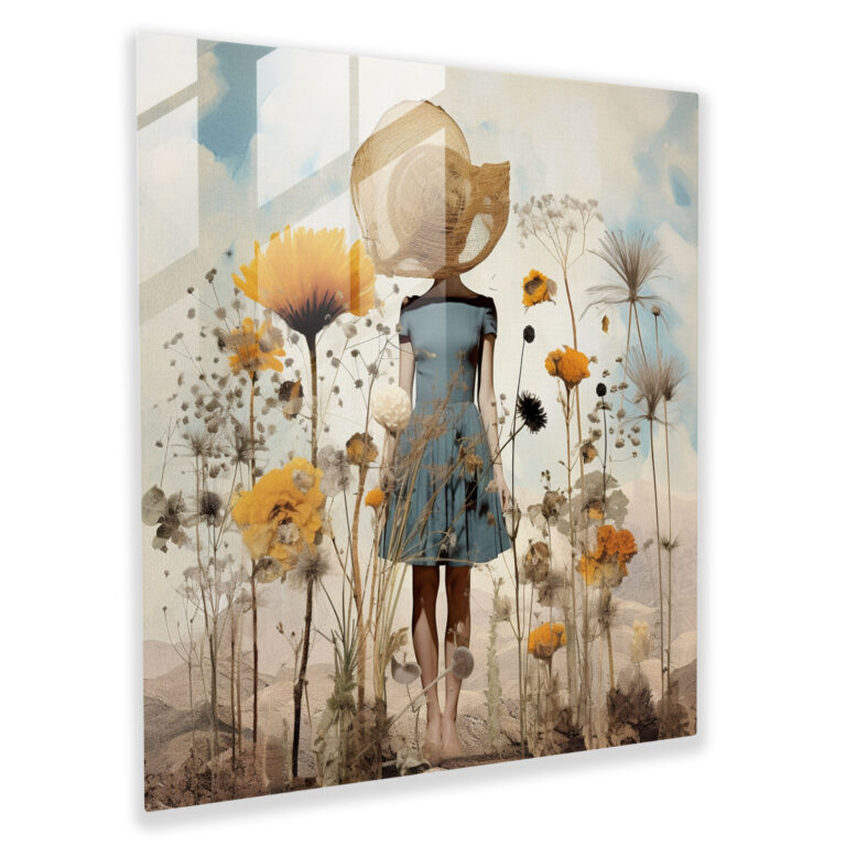 Trockenblumen Glasbild - Trockenblumen verspielte Kombination Glas Wandkunst surrealistische Collage.