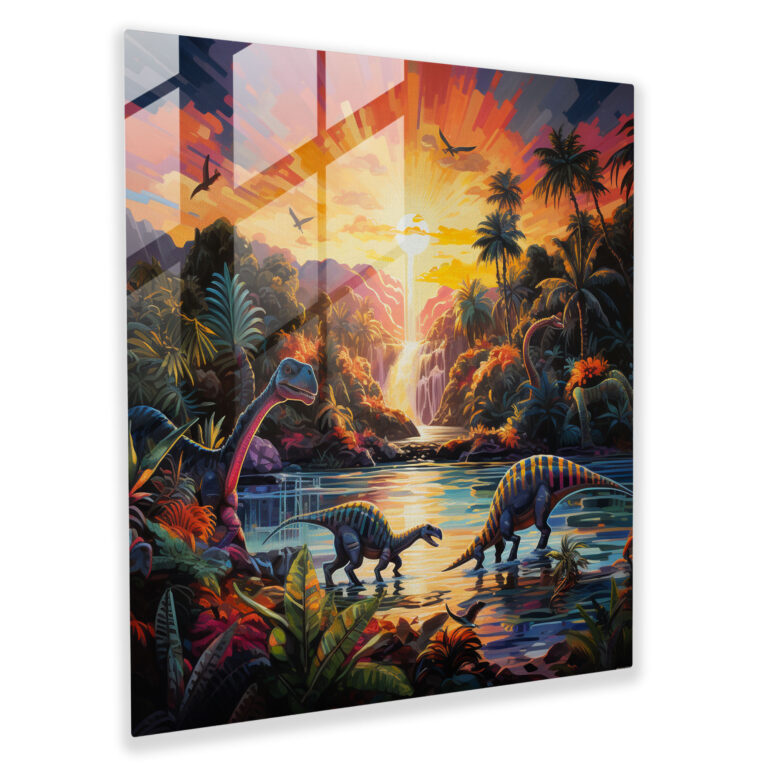 Exquisites Glasbild: Abstrakte Dinosaurierparade in lebendigen Farben - Moderne Kunstarbeit