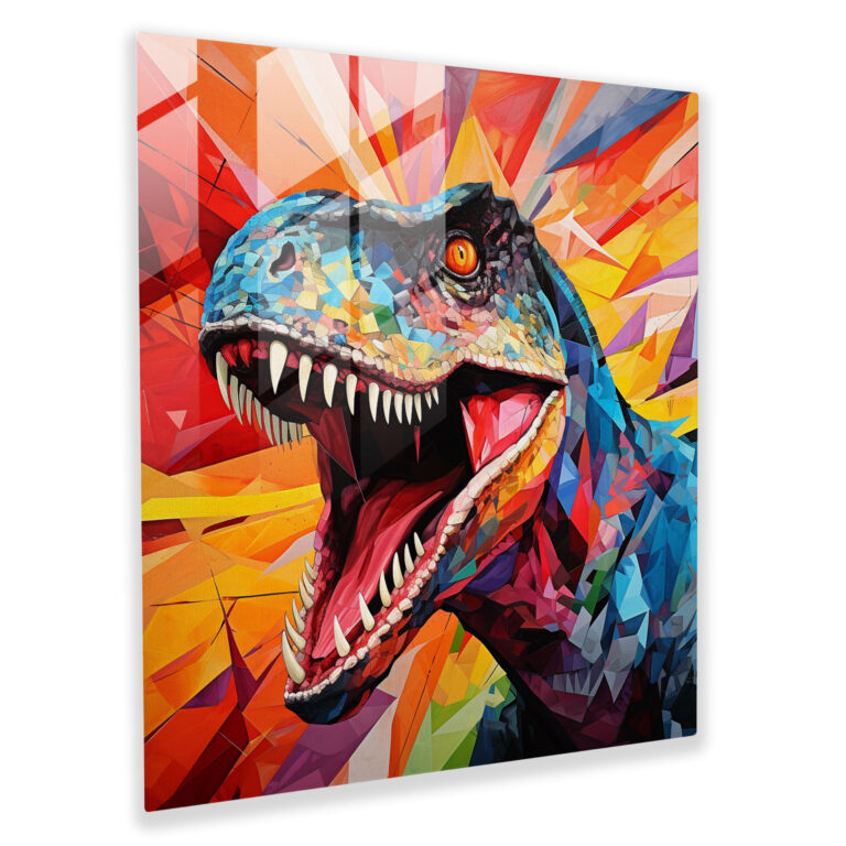 Geometrisches Kubistisches Velociraptor Glasbild Wanddekoration