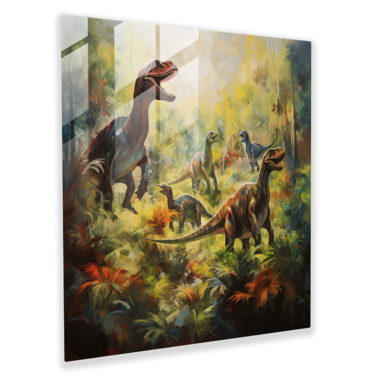 Lebendige Pinselstriche Glasbild - Dinosaurier Wald Erkundung - Modernes Kunstwerk.