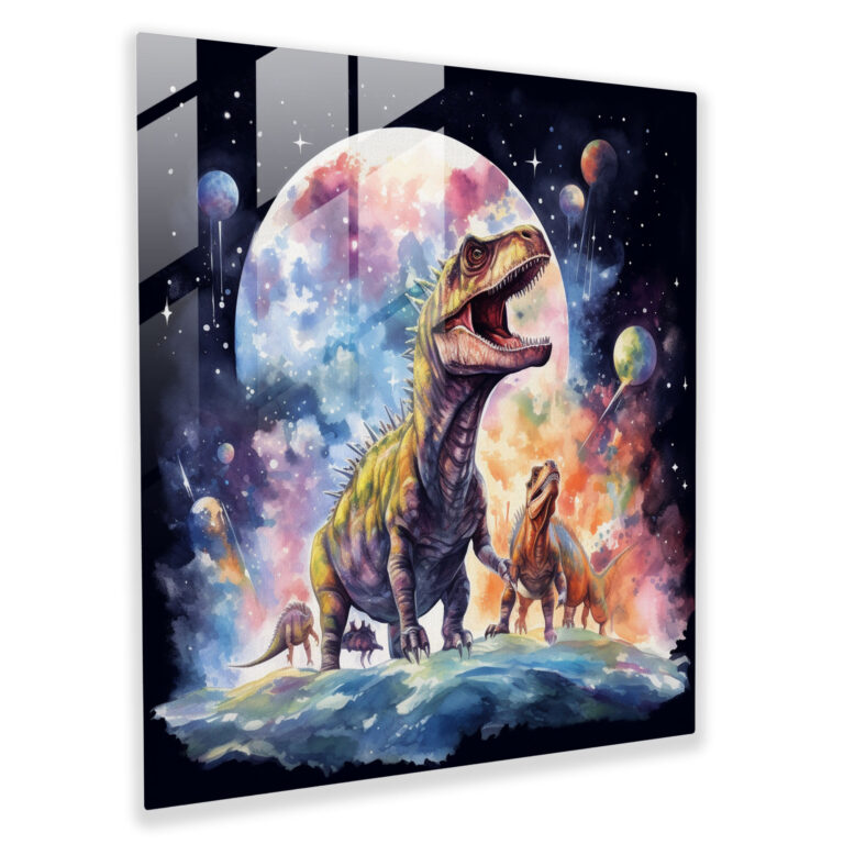 Geheimnisvolles Ewigkeitsglasbild - Surreale Aquarell-Dinosaurier auf kosmischer Abenteuerreise - Glaswandkunst Dekor