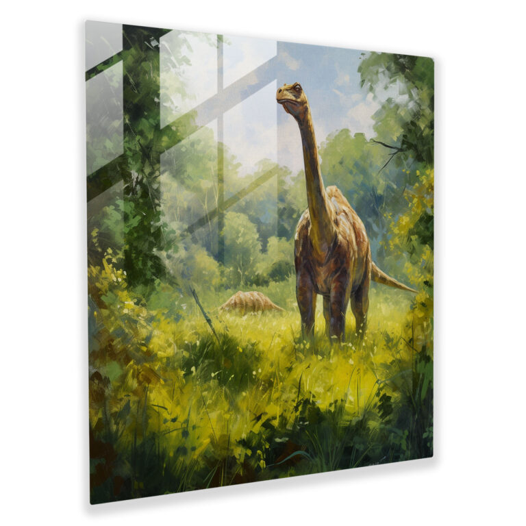 Glasbild Majestätische Melodien - Impressionistisches Ölgemälde eines Brachiosaurus in saftigem grünen Feld - Wanddekoration Kunst