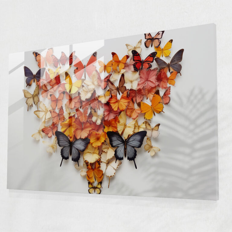 Blühende Blume aus getrockneten Schmetterlingen Glasbild - Getrocknete Schmetterlinge Fotorealistische Sammlung von getrockneten Schmetterlingen Moderne Kunst Glaswandkunst