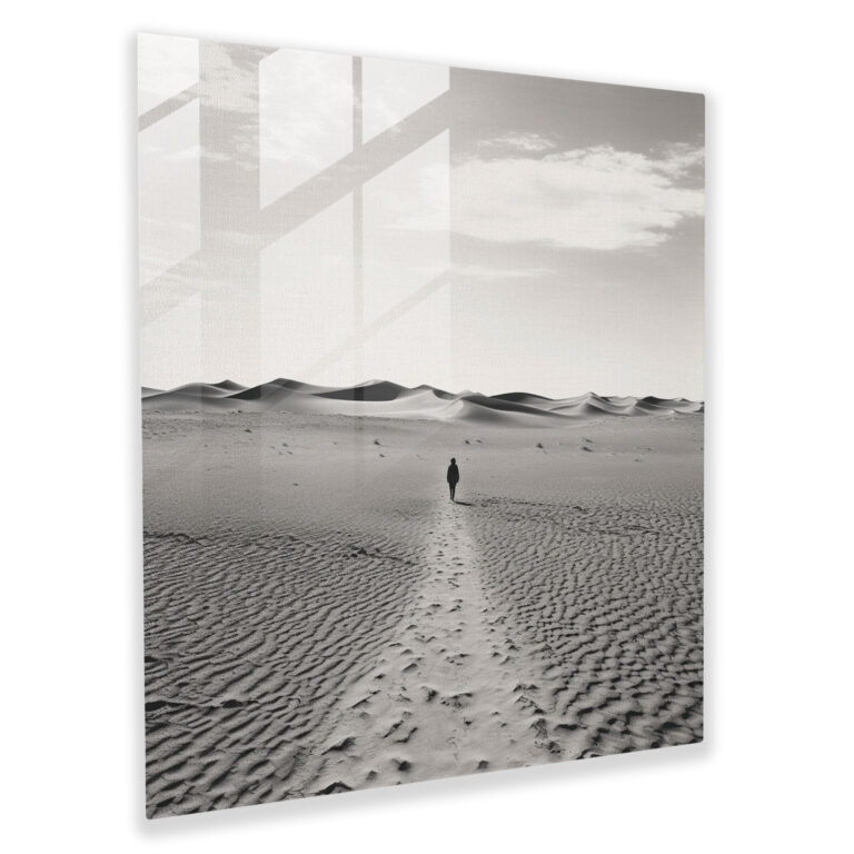 Wüstenwanderer Glasbild - Wüste Schwarz-Weiß-Fotografie nostalgischer Charme