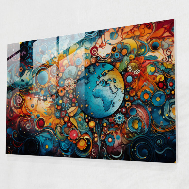 Buntes Glasbild der Weltkarte - Erde Wohnkultur moderne Kunst Glasdesign