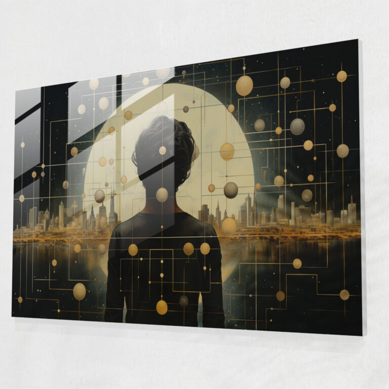 Geometrisches Glaswandkunstwerk von Jupiter - Erde Glasbild zeitgenössisch geometrisch