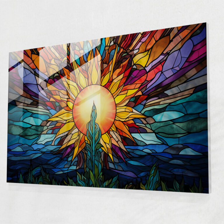 Leinwandbild - Sonniger Strahlender Sonnenschein mit Bunten Strahlen - Erde Dekoration für Zuhause
