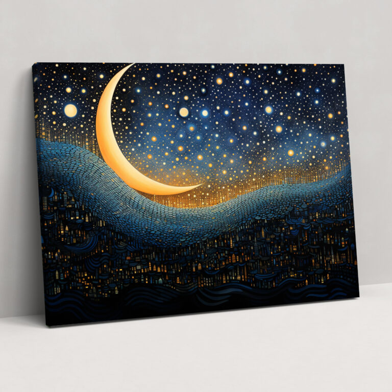 Starry Moon Pointillism Leinwandbild - Erde Sternenhimmel Punktillismus Wandkunst