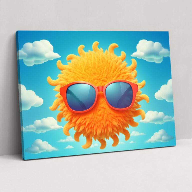 Sonnige Wandkunst - Erde flauschige Wolken Sonne mit Sonnenbrille blauer Himmel