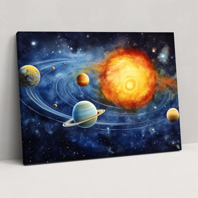 Wandkunst des Sonnensystems - Erde Sonnensystem filigrane Details realistische Aquarell-Illustration