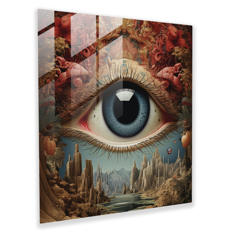 Übernatürliches Glasbild mit bösem Blick - Böser Blick Glaskunst Glaswandkunst surrealistische Collage