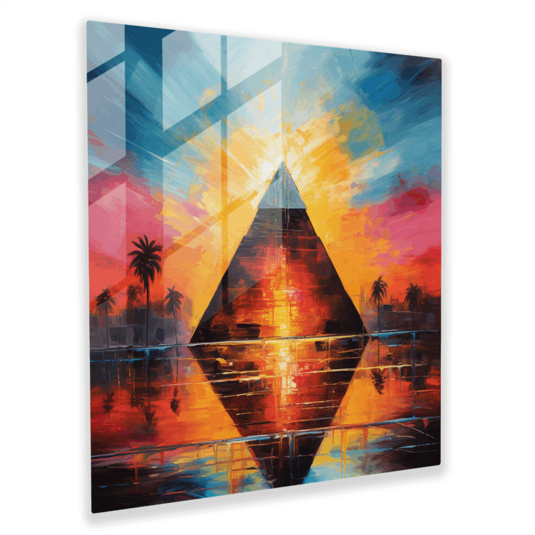 Glasbild Euphorie in lebendigen Farben - Abstraktes ägyptisches Pyramiden Glaswandkunstwerk