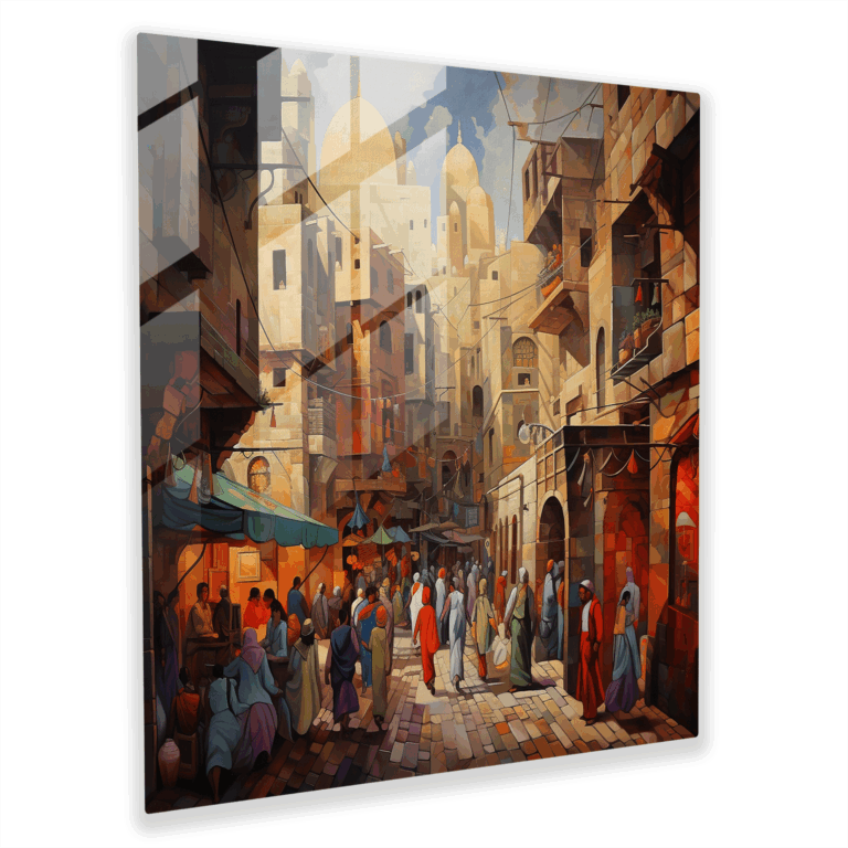 Glasbild Kaleidoskop Melodie - Kubistisches ägyptischer Markt Glaswandkunst