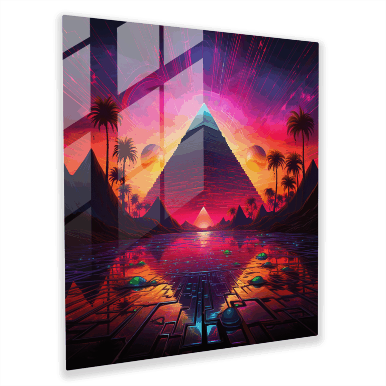 Glasbild Neon-Pharao - Futuristische schwebende Pyramiden Glaswandkunst