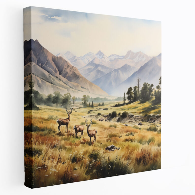 Elch Leinwandbild - Ruhige Landschaft mit grasenden Elchherde - Elch Wandkunst Leinwand Wandkunst Natur