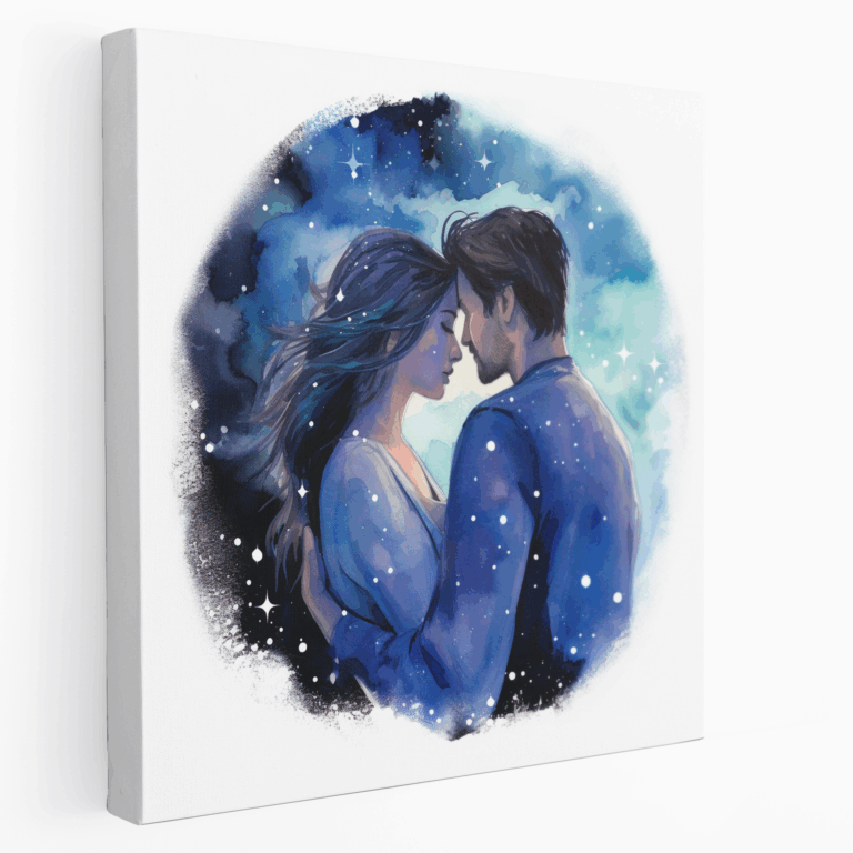 Romantisches Aquarell Leinwandbild Sternenhimmel Kuss