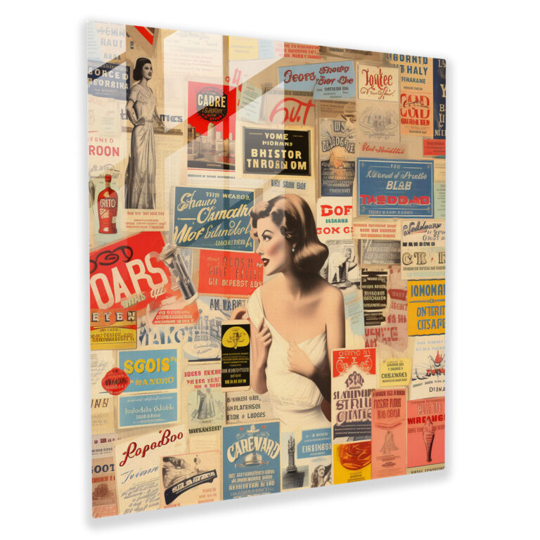 Retro Elegance Glasbild - Für das Badezimmer Retro Elegance Glasbild Collage Kunst Glas Wandkunst