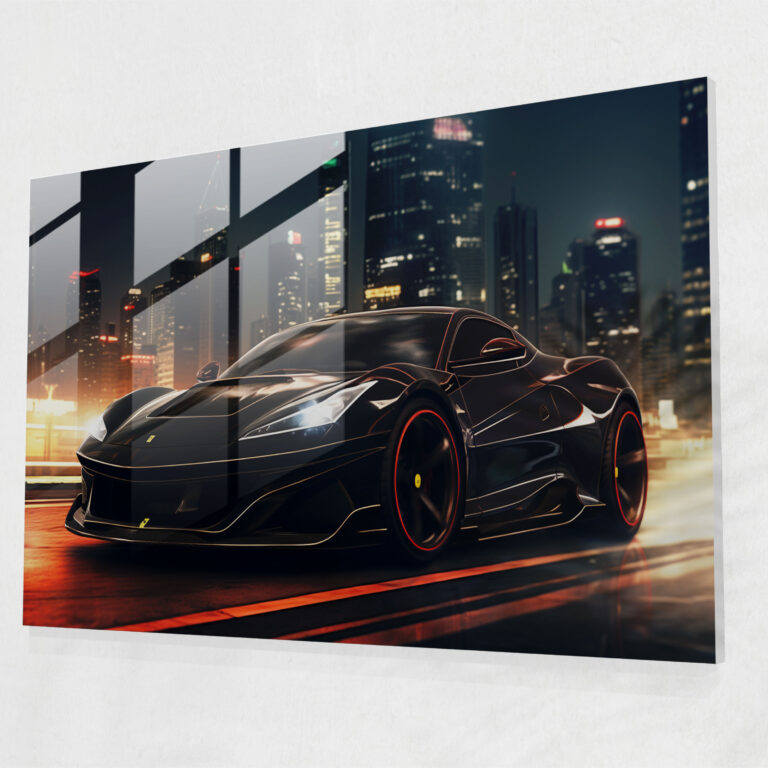 Ferrari Glasbild - Eleganter schwarzer Ferrari in futuristischer Stadtsilhouette - Home Dekoration Wanddekoration