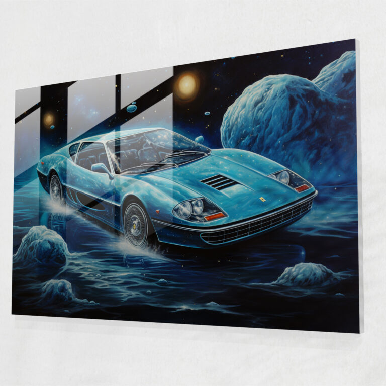 Ferrari Glasbild - Schwebender blauer Ferrari im verspielten Weltraum - Zuhause Dekoration