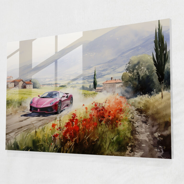 Ferrari Glasbild - Rotes Sportauto auf dem Land - Sportwagen Ferrari Landschaft
