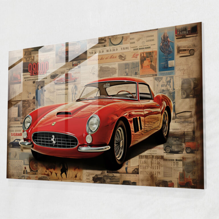 Ferrari Glasbild - Vintage Werbekampagne - Luxus im Vintage-Stil - Kollage aus Vintage-Werbungen