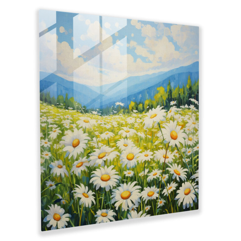 Glasbild Serenes Gänseblümchenfeld mit impressionistischer Kunst