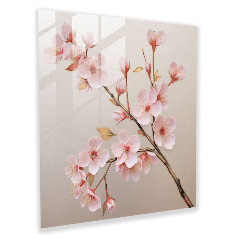 Glasbild Japanische Kirschblüte mit ruhigem Kunstwerk