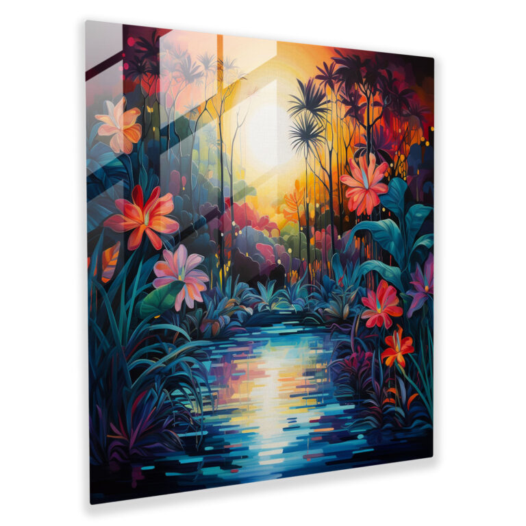 Faszinierendes Glasbild moderner Kunst - Glasbild Tropischer Garten Sonnenuntergang