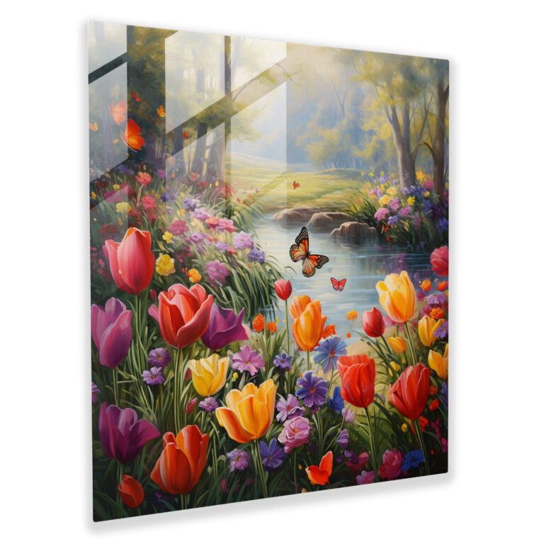 Feingliedriges Glasbild von Glaskunst - Tulpen Garten Ölgemälde Glas Wandkunst