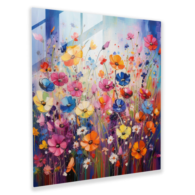Glasbild eines lebendigen Wildblumenfeldes - Glaswandkunst zur Wohnraumdekoration