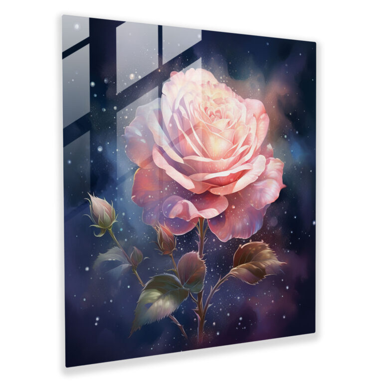 Zartes Glasbild einer elegant blühenden Rose - Glaswandkunst für die Wohnraumgestaltung