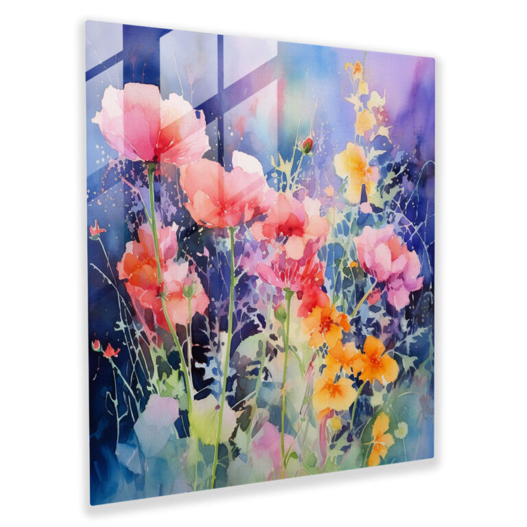 Majestätisches Glasbild - Abstrakte Aquarellblumen Glaswandkunst - Wohnkultur - Modernes Kunstwerk