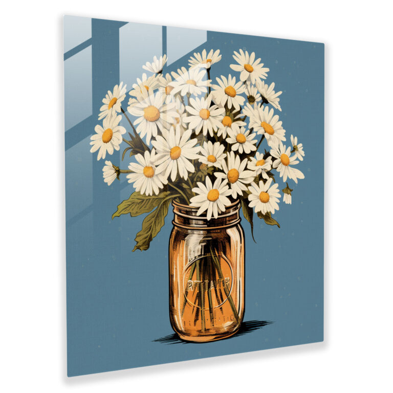 Glasbild Landhaus-Charme - Retro Gänseblümchen Glas Wandkunst - Dekoration für Zuhause - Wanddeko