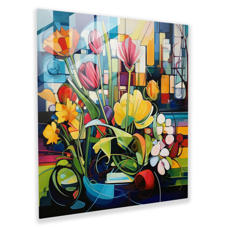 Glasbild mit floralem Mosaikdruck - Modernes kubistisches Gartenglas Wandkunstwerk - Wohnkultur - Wanddekoration