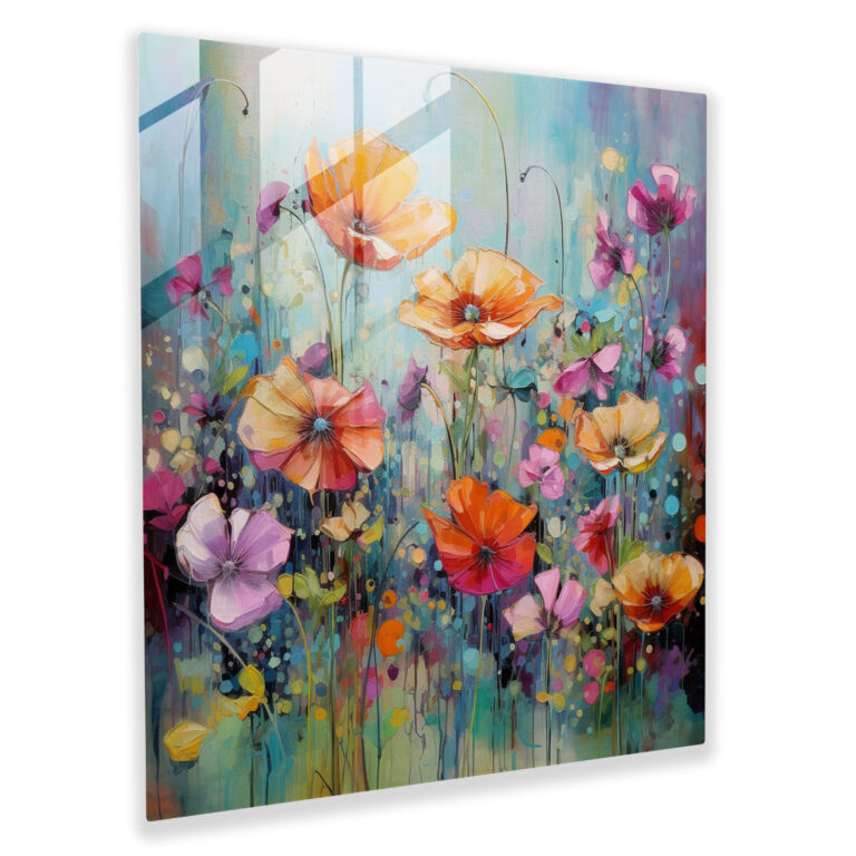 Hochwertiges Glasbild mit lebendigen floralen Abstraktionen für die Wohnraumdekoration.