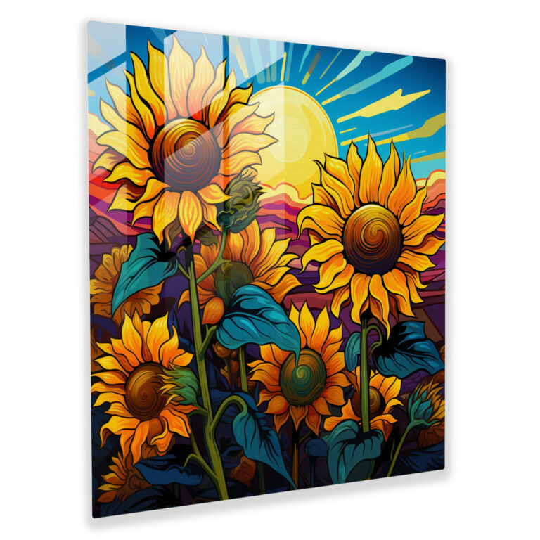 Beeindruckendes Glasbild eines farbenfrohen Sonnenblumenfeldes zur Wanddekoration