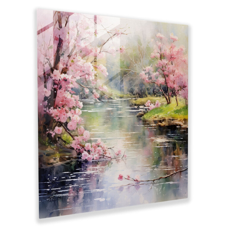 Ruhiger Garten Glasbild - Impressionistische Aquarell Kirschblüten Glaswandkunst - Wohnkultur