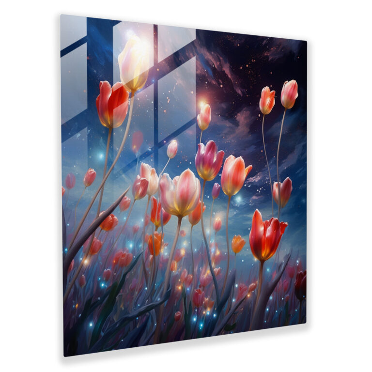Glasbild Ätherische Tulpen - Surreales Mixed-Media-Kunstwerk Glaswandkunst - Wohnkultur