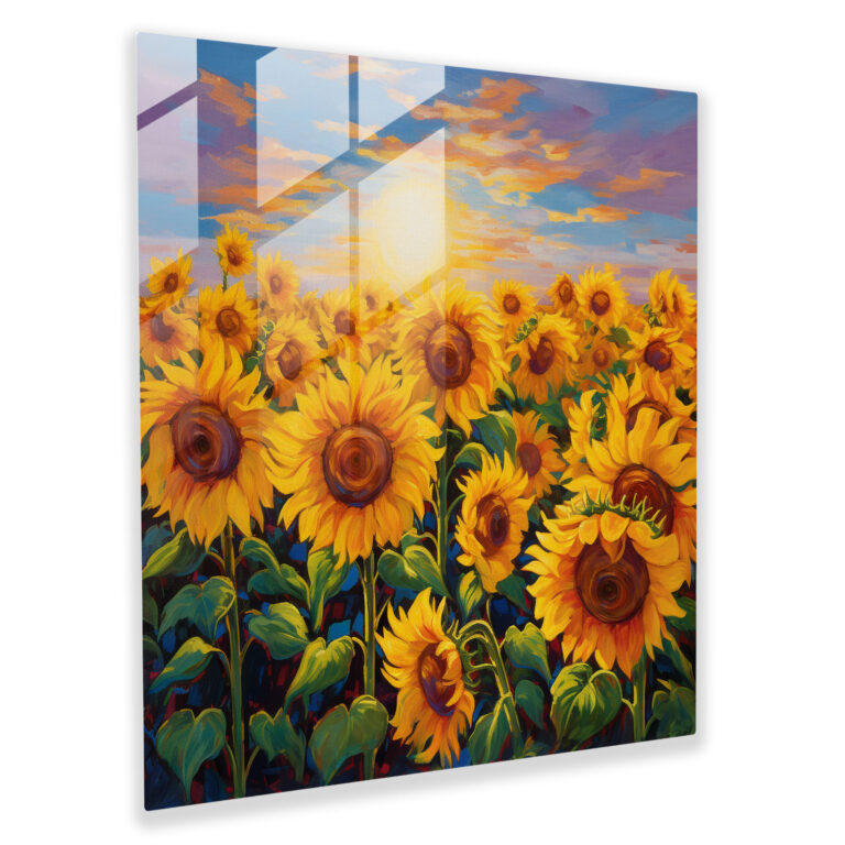 Glasbild mit impressionistischem Ethereal-Stil - Sonnenblumenfeld - Wandkunst aus Glas - Dekoration für Zuhause - Wanddekoration - Glas Kunst - Moderne Kunstwerke