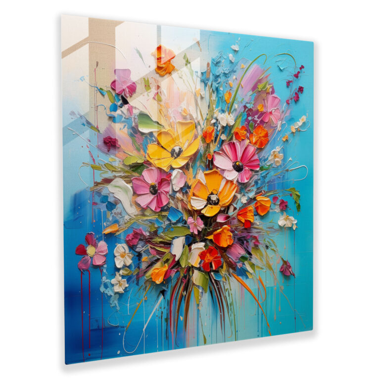 Lebhaftes Glasbild mit abstraktem Design - Blumenstrauß bunter Wildblumen - Glas Wandkunst - Raumdekoration - Wanddekoration - Glas Kunst - Moderne Kunstwerke