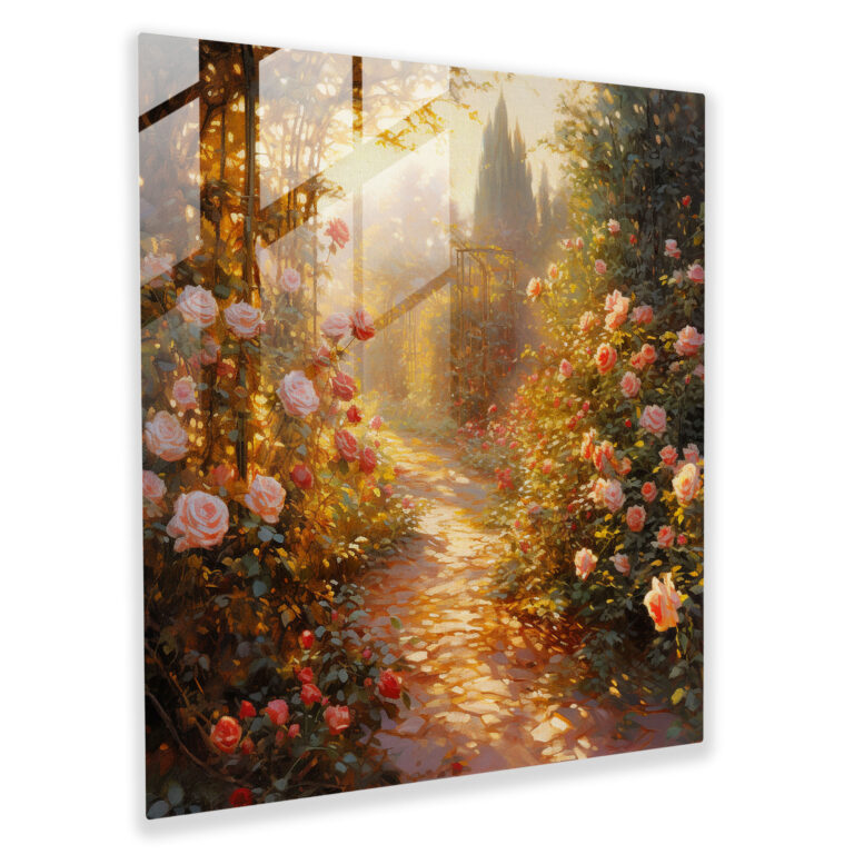 Romantischer impressionistischer Glasdruck - Rosengarten im goldenen Sonnenlicht - Glasbild - Wohnkultur - Wanddekoration - Glas-Kunst - Moderne Kunstwerke