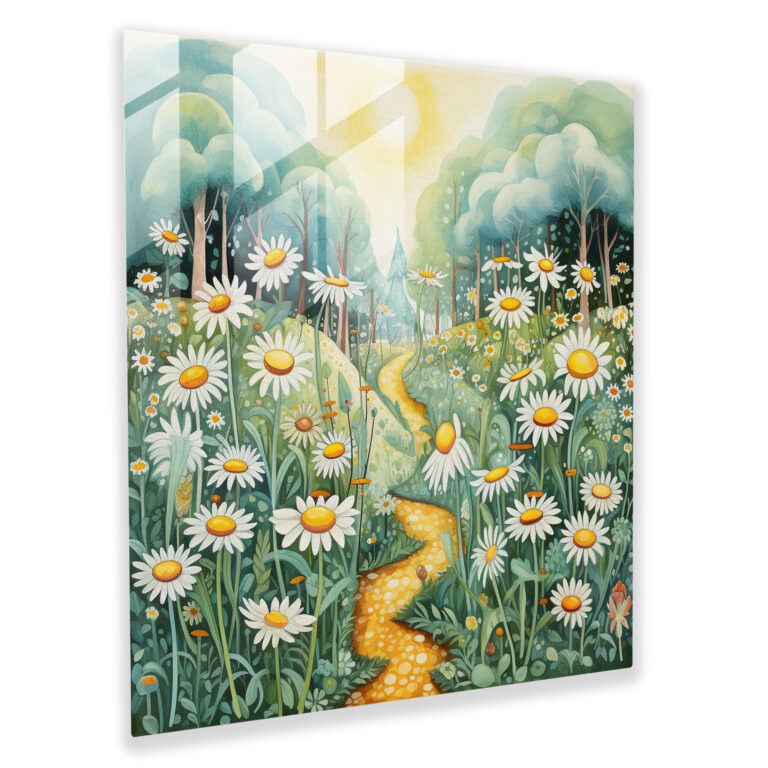 Bezauberndes Gänseblümchengarten Glasbild - Verspielte Aquarellillustration mit Leichtigkeit und Charme - Hochwertiger Glasdruck