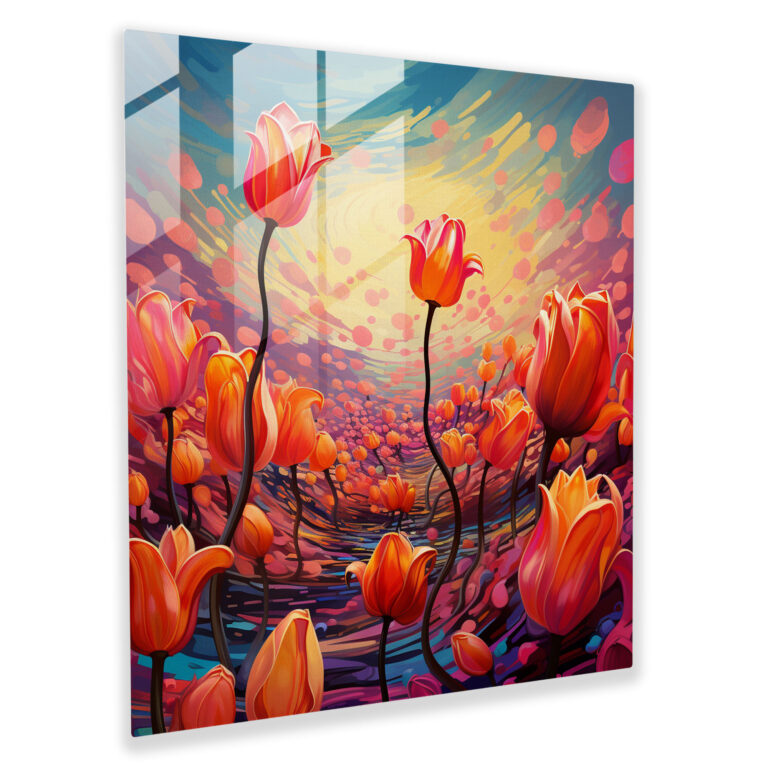 Surreales Tulpenfeld Glasbild - Abstrakte digitale Malerei mit lebendigen und surrealen Elementen - Hochwertiger Glasdruck