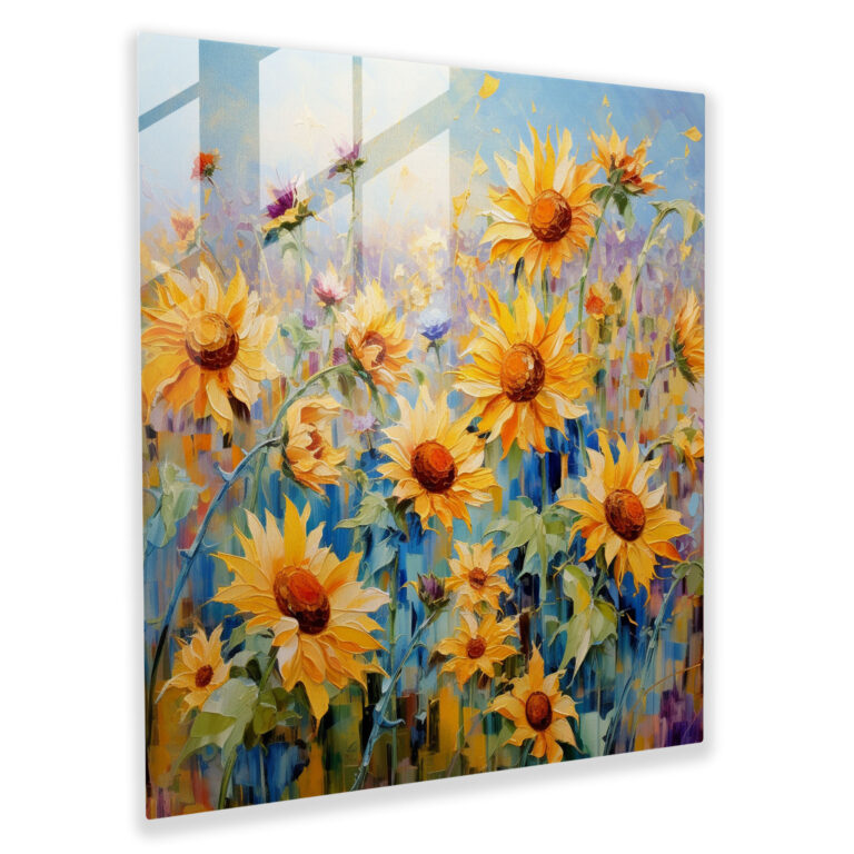 Glasbild mit leuchtenden Farben - Abstrakte Sonnenblumenfeld Wanddekoration