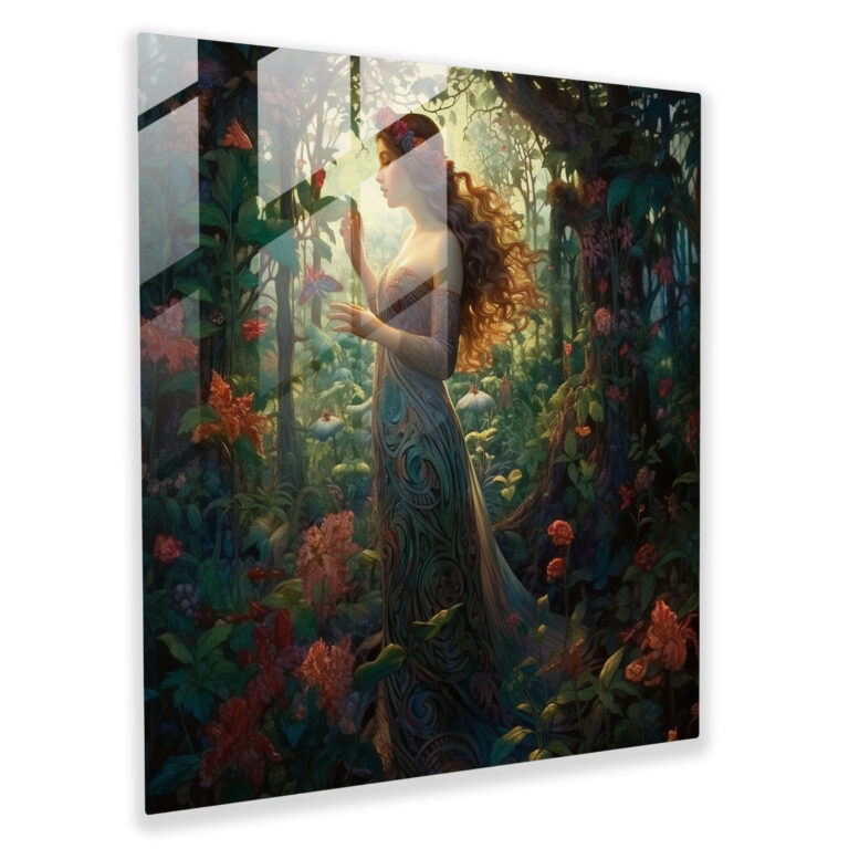 Verzauberndes Glasbild: Jugendstilgemälde eines mystischen Waldes mit der anmutig auftauchenden Aphrodite inmitten zarter Blumen - Glaswandkunst Wohnkultur Wanddekoration Glasbild moderne Kunstwerke