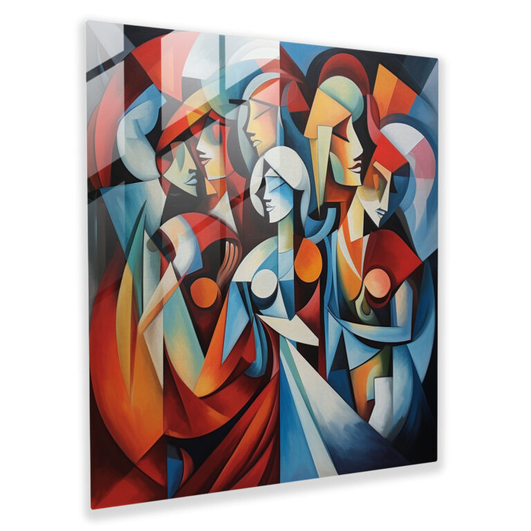 Dynamisches Glasbild: Kubistisches Gemälde mehrerer griechischer Götter und Göttinnen in abstrakter Form - Glaswandkunst Wohnkultur Wanddekoration Glasbild Moderne Kunstwerk